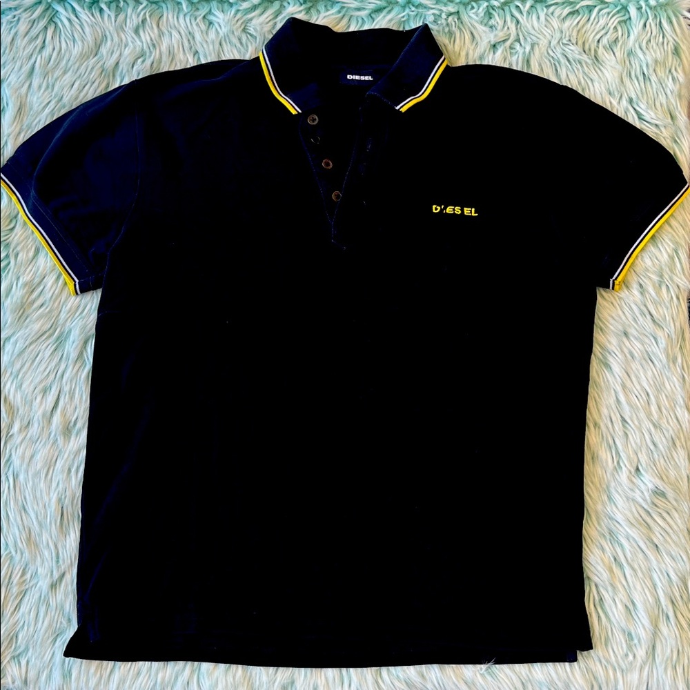 Diesel Polo Shirt in Black with Yellow Trim, Size Large